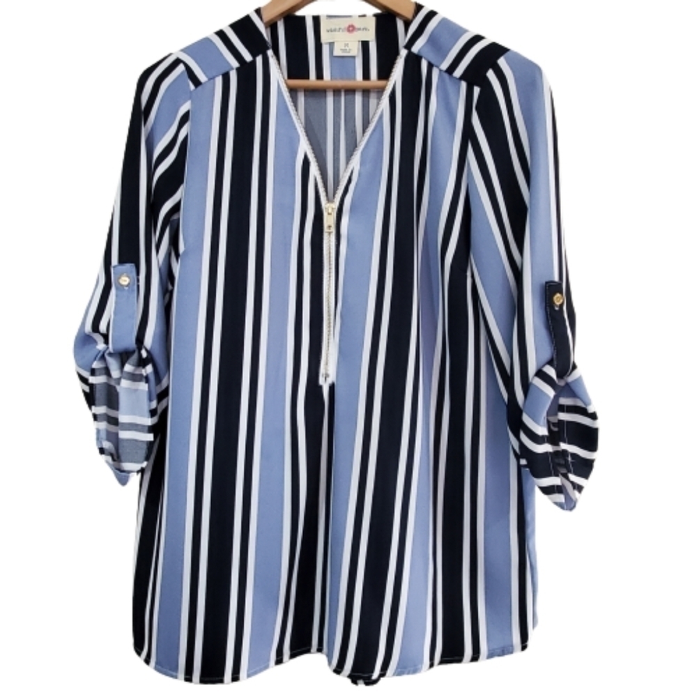 Wishful Park Blue Striped Blouse Womens Medium Zip Up Neckline Business